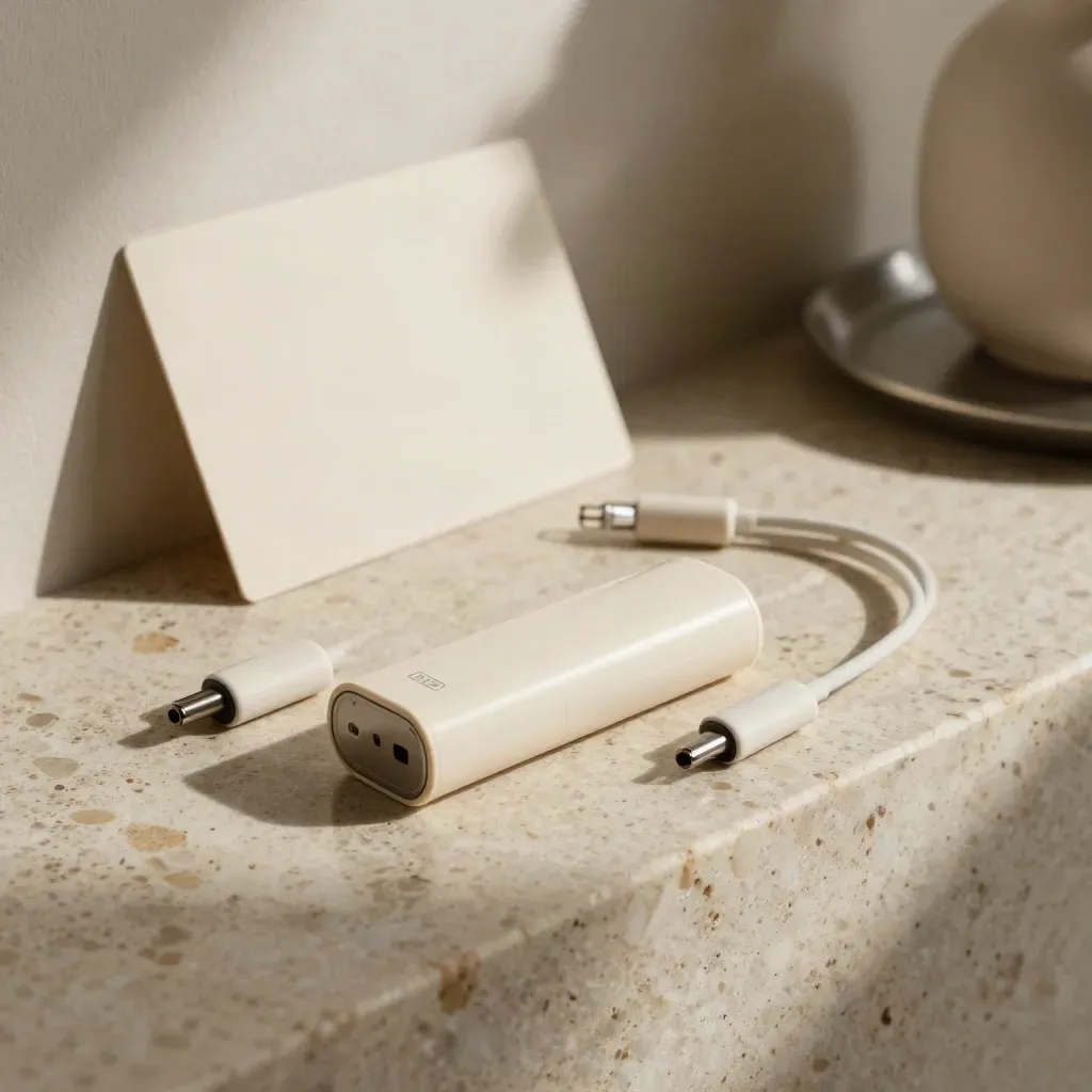 Pod battery starter kit on travertine ledge with two pods and charging cable in soft studio light