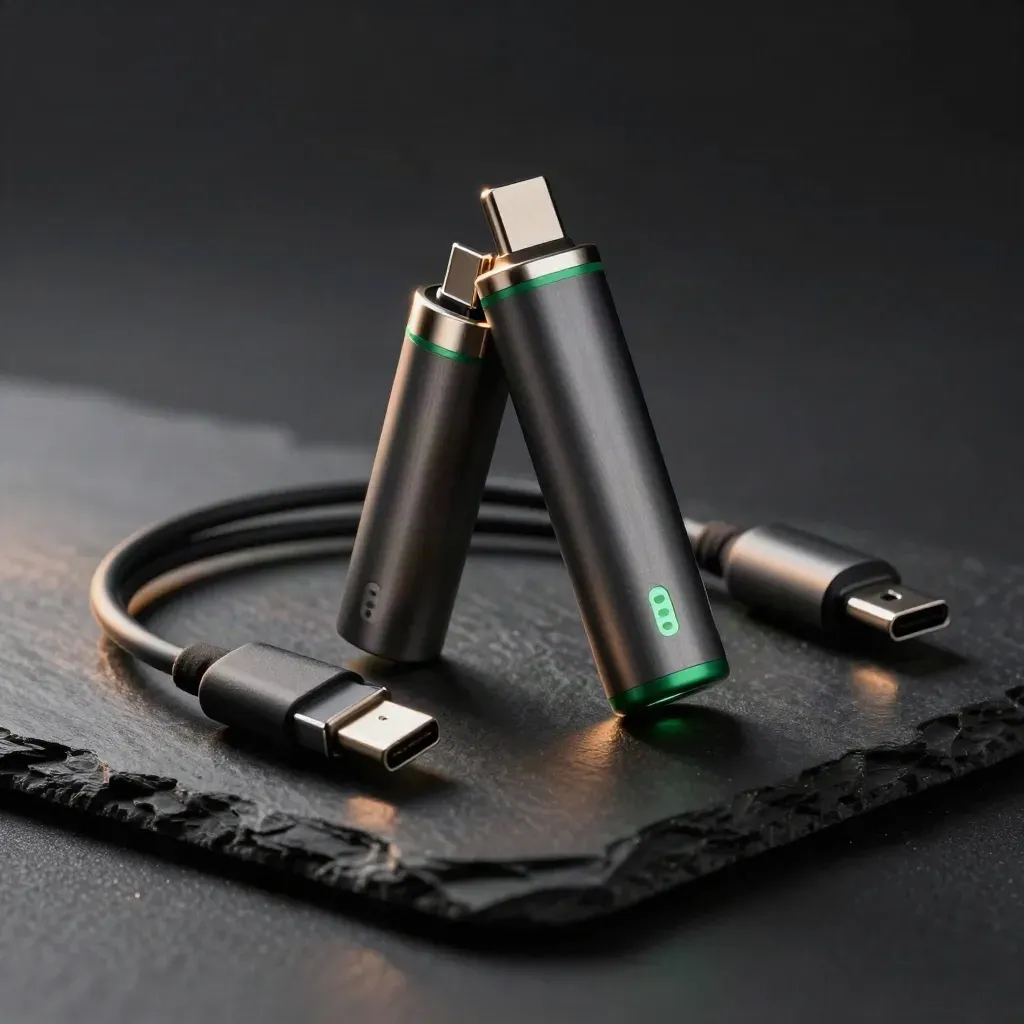 Slim pod batteries, USB-C cable, and spare tips on a dark studio plinth with green rim light.