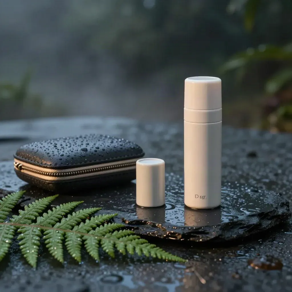 Rain-kissed cannabis pod hero with battery, capsule, case, fern, and slate at dusk.