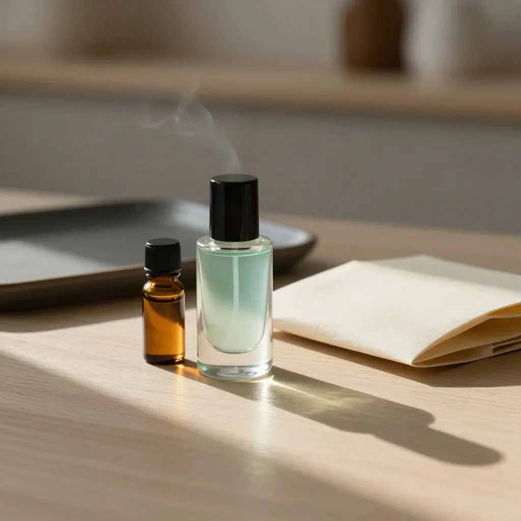 Berry mint refill cart beside amber vial and folded sleeve on pale wood in soft late light