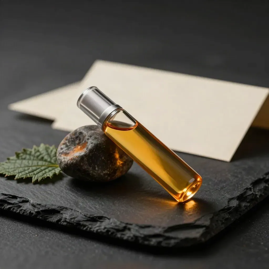 Macro still life of a Strawberry Kush THC pod with berry leaf and stone shard on black slate.