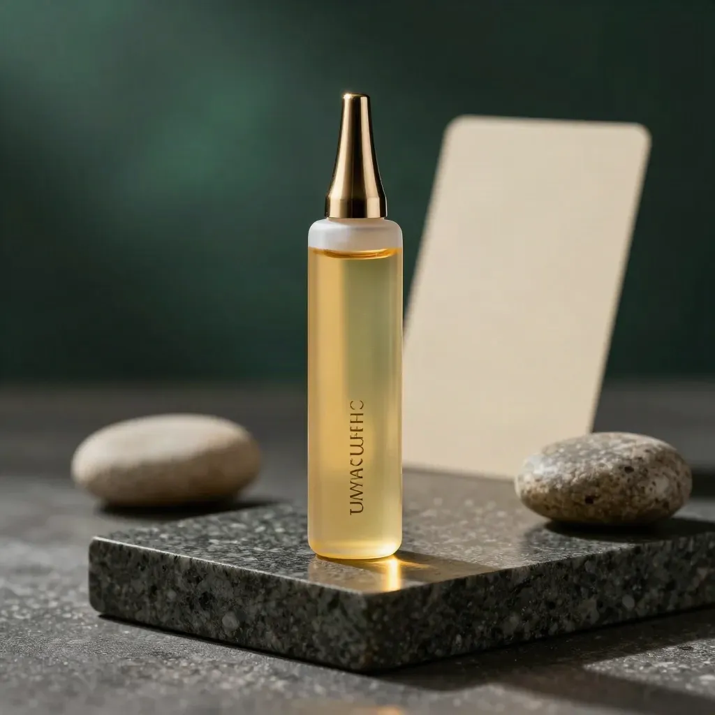 Single THC pod hero beside two pebbles on a dark travertine plinth