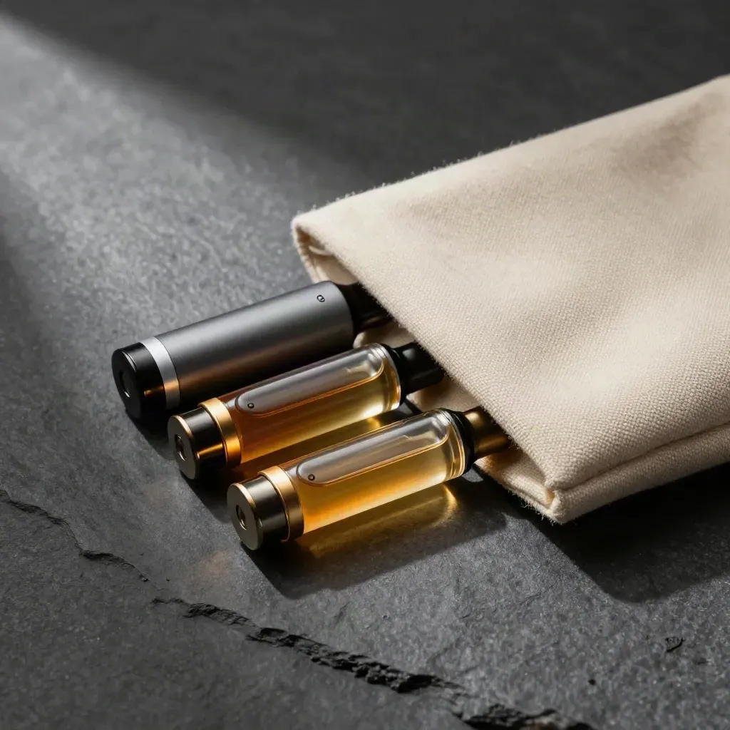 Three vape pods, a battery, and a pouch arranged diagonally on dark stone with gold highlights.