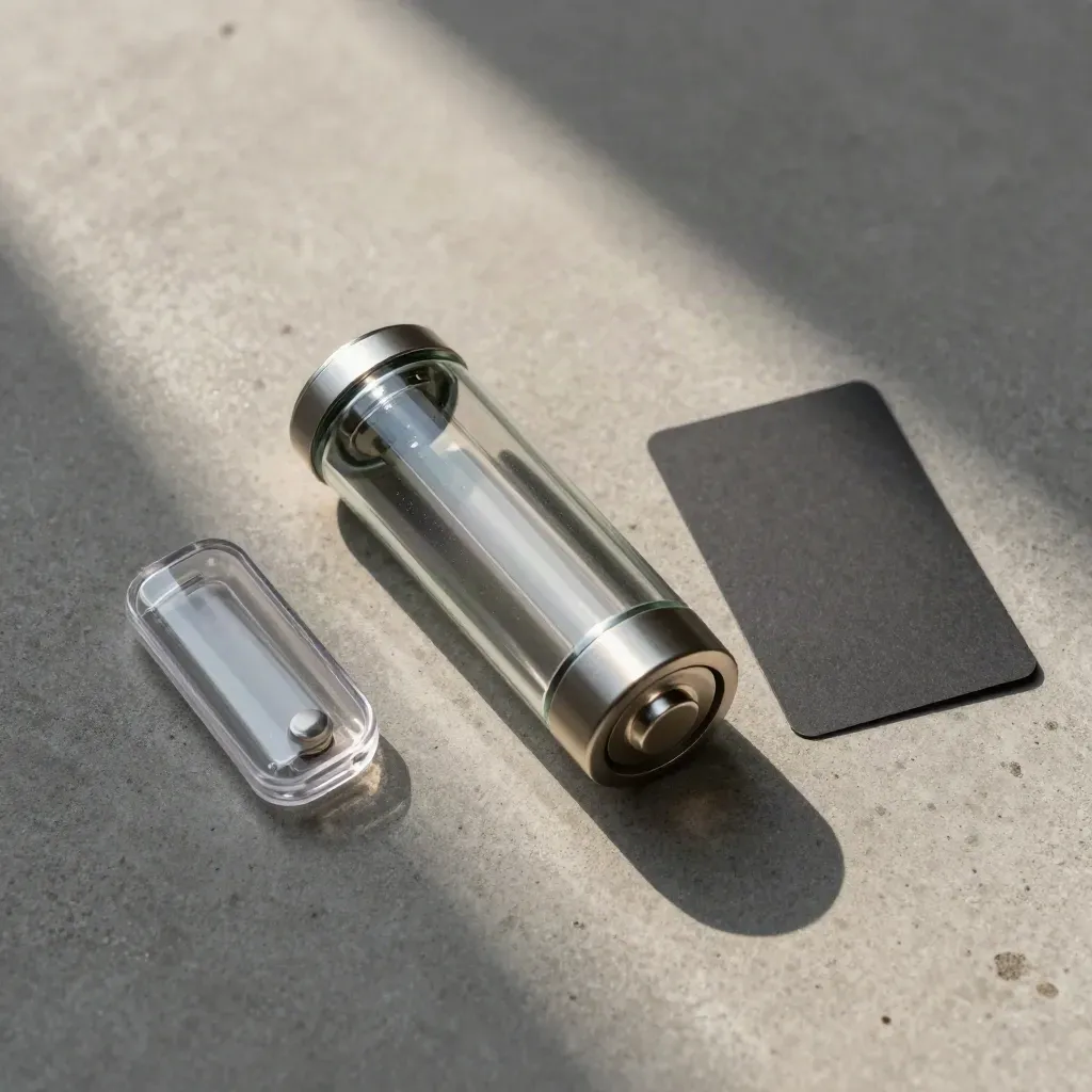 Overhead flatlay of a glass pod battery, clear case, and charcoal card on stone.