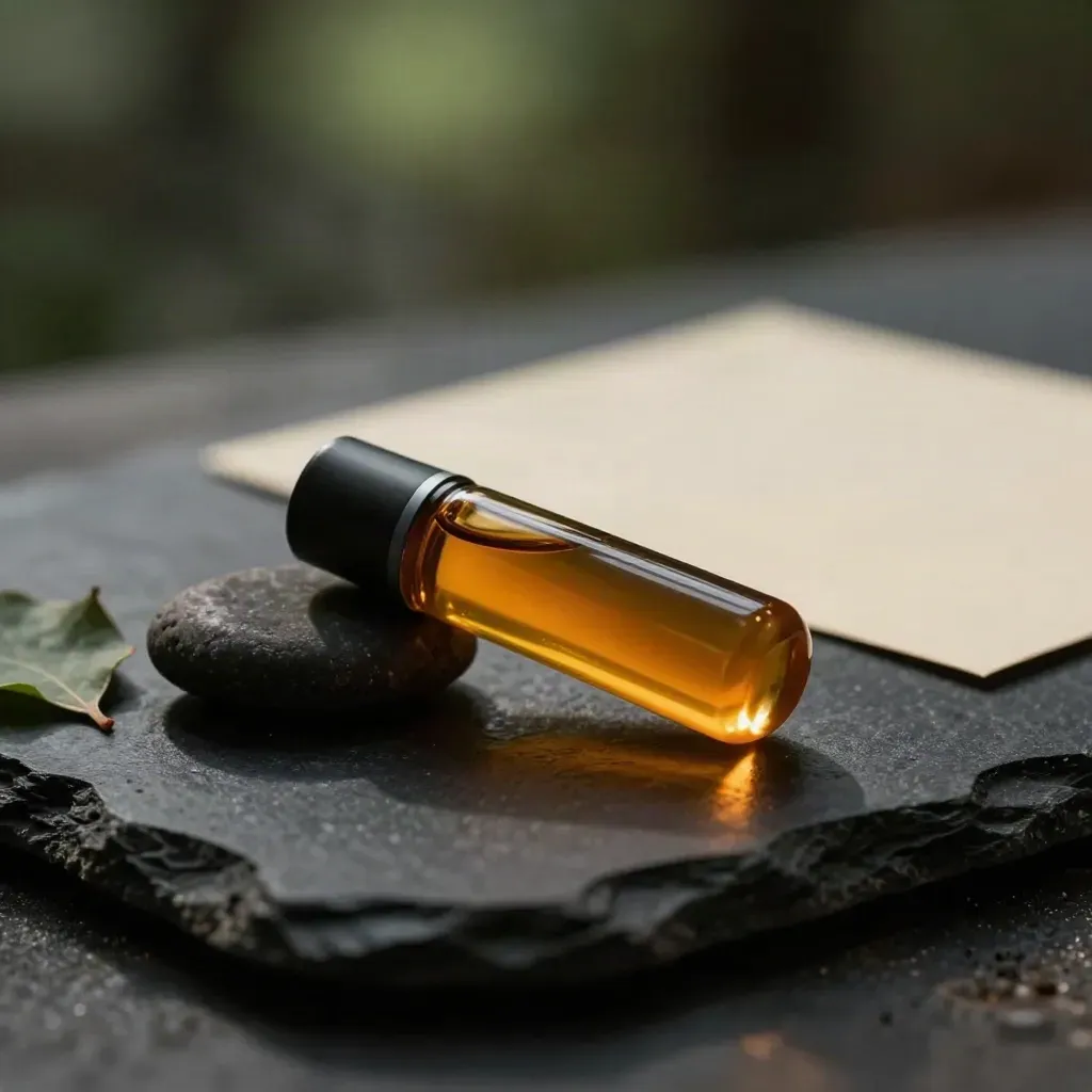 Berry Gelato THC pod with amber oil, pebble and crushed leaf on a dark studio surface with green rim light.