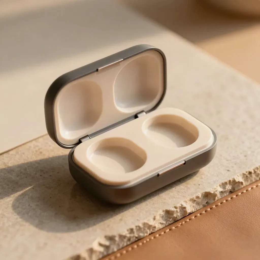 Open pod battery case with two empty slots on warm limestone, softly lit.