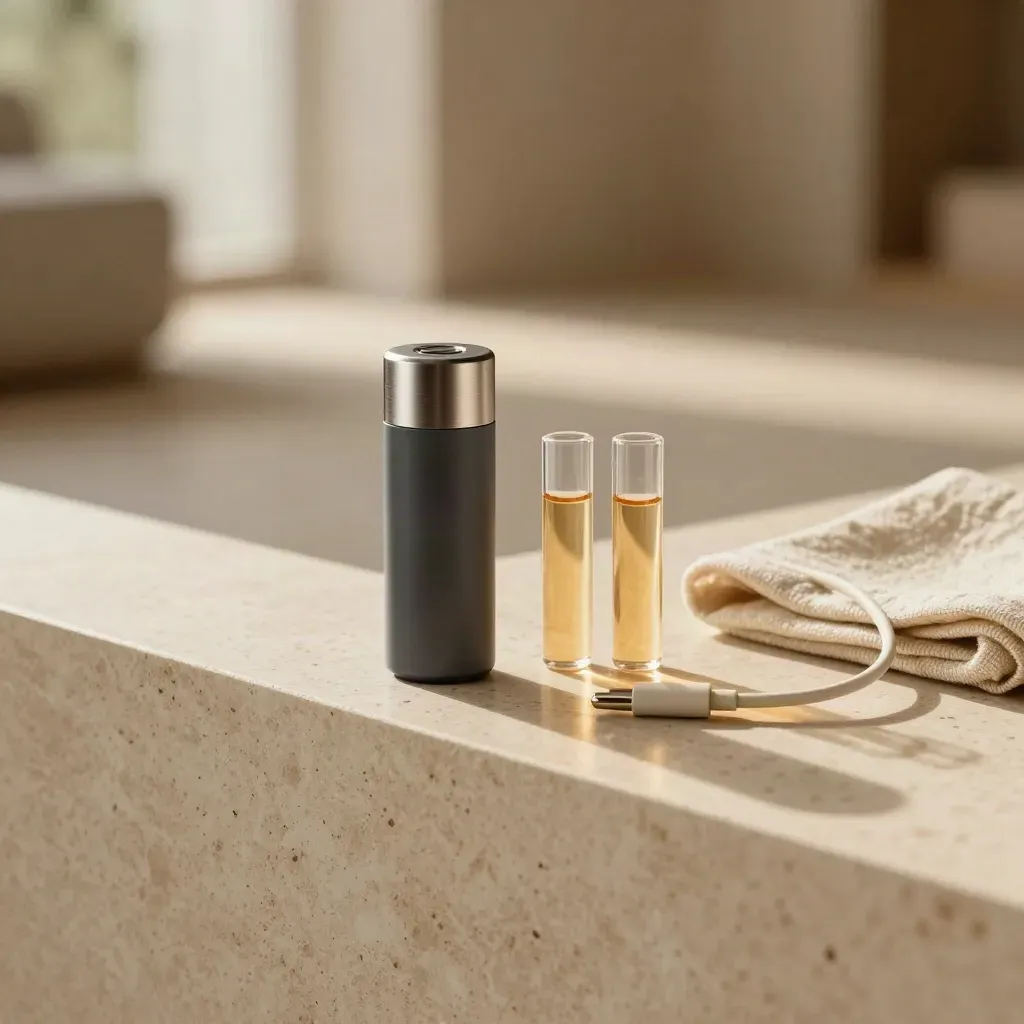 Cannabis vape battery, two pods, and cable on a travertine ledge beside folded cloth.