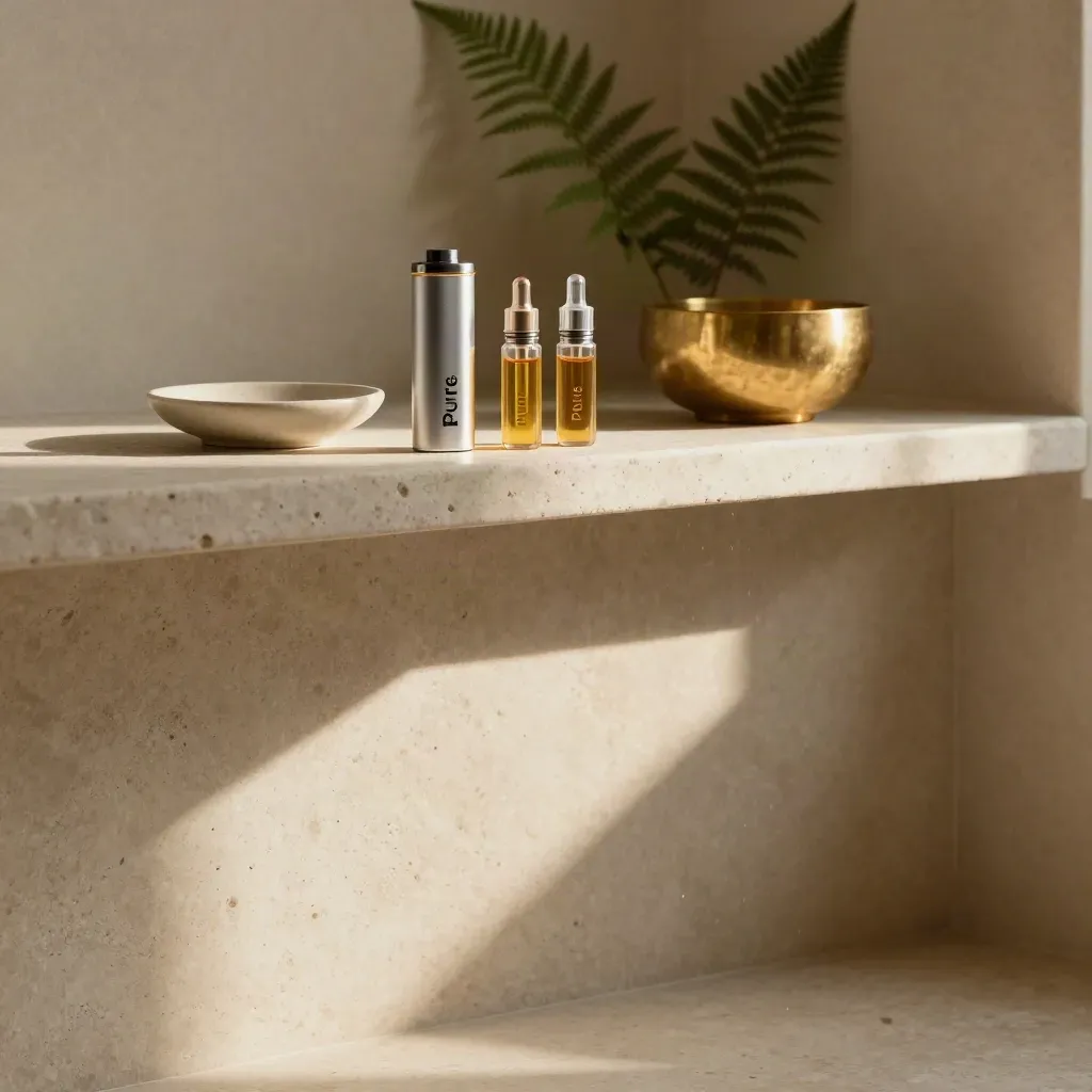 Travertine counter with vape pods, brass bowl and fern fronds in warm rain-lit light.