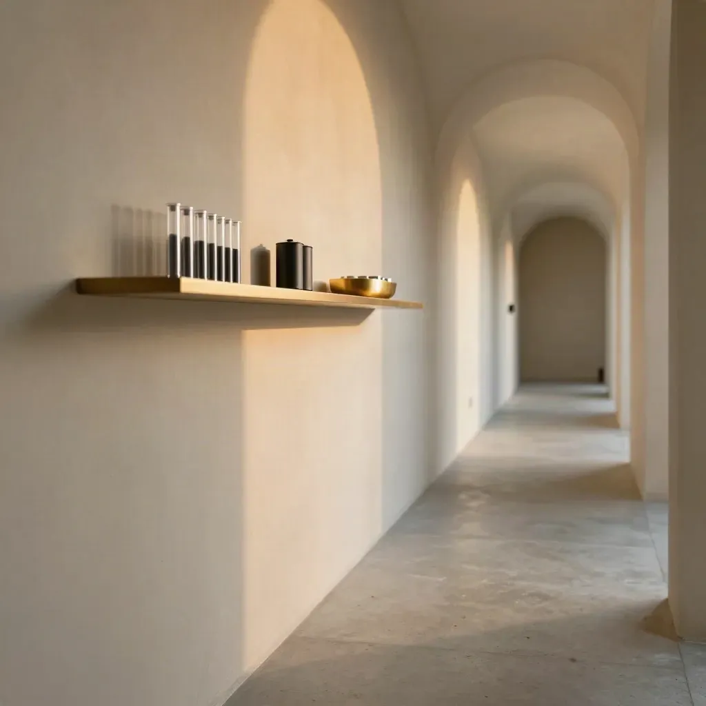 Arched cream corridor with a small refill cartridge display in warm golden light.