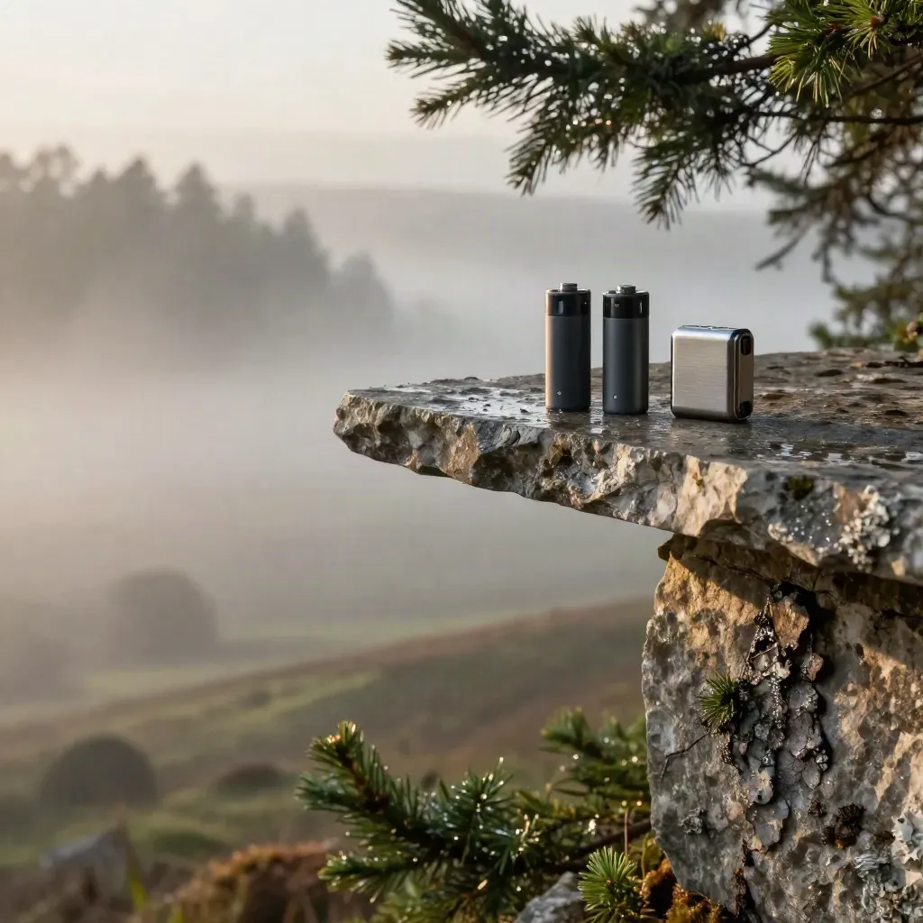 Misty cedar hillside with a charcoal pod battery on a stone shelf at dawn.