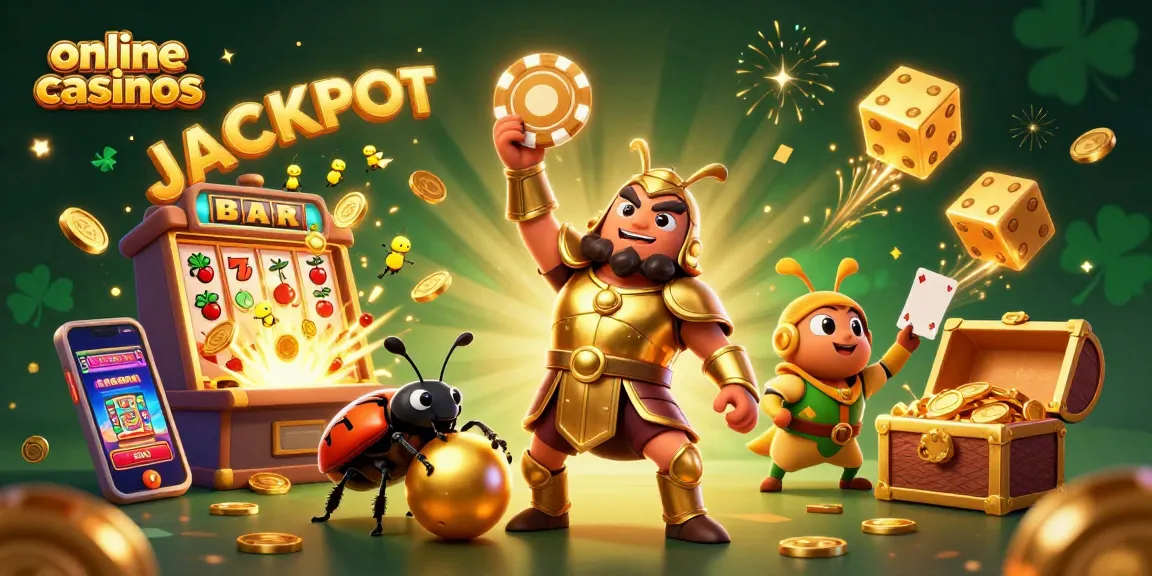 Engage with online casinos as a cartoon herald of luck celebrates a jackpot amidst a burst of colors.