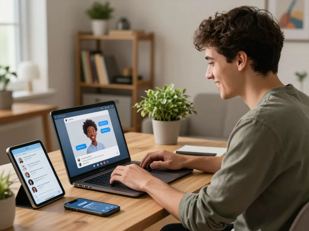 Diverse individuals enjoying a porn ai chat on modern devices in a cozy home office