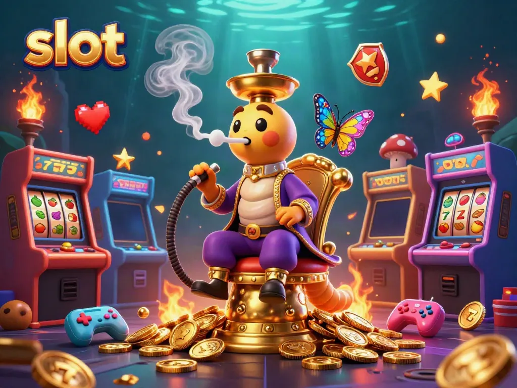 Slot menampilkan mesin gulung serta simbol keberuntungan dalam ilustrasi kasino yang kaya