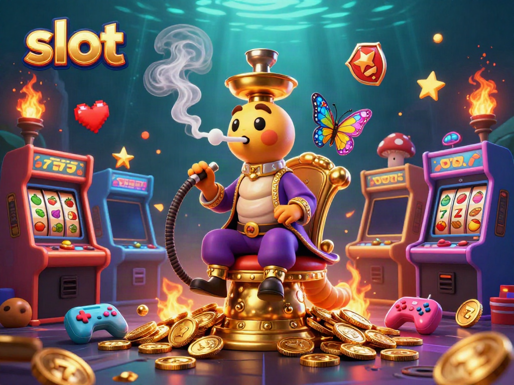Slot menampilkan mesin gulung serta simbol keberuntungan dalam ilustrasi kasino yang kaya