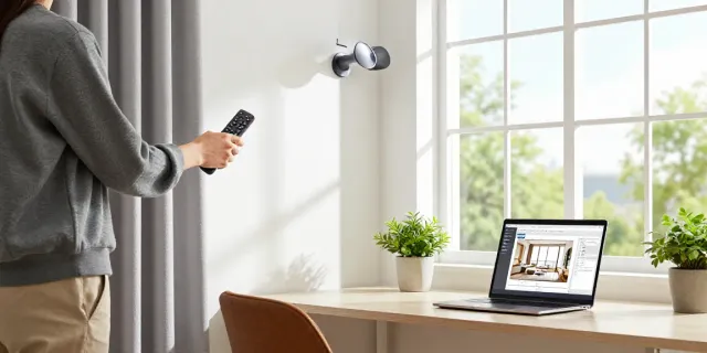 Smart electric curtains being operated in a stylish home office setting.