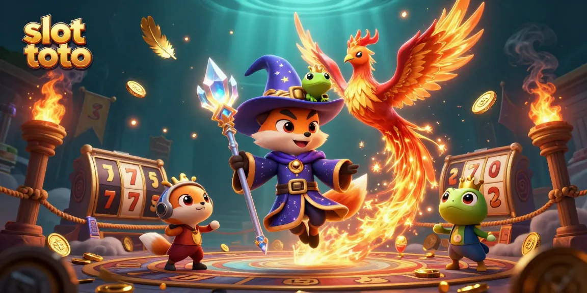 Engage in thrilling slot toto gameplay with a mystical wizard fox and fiery phoenix in an enchanting casino scene.