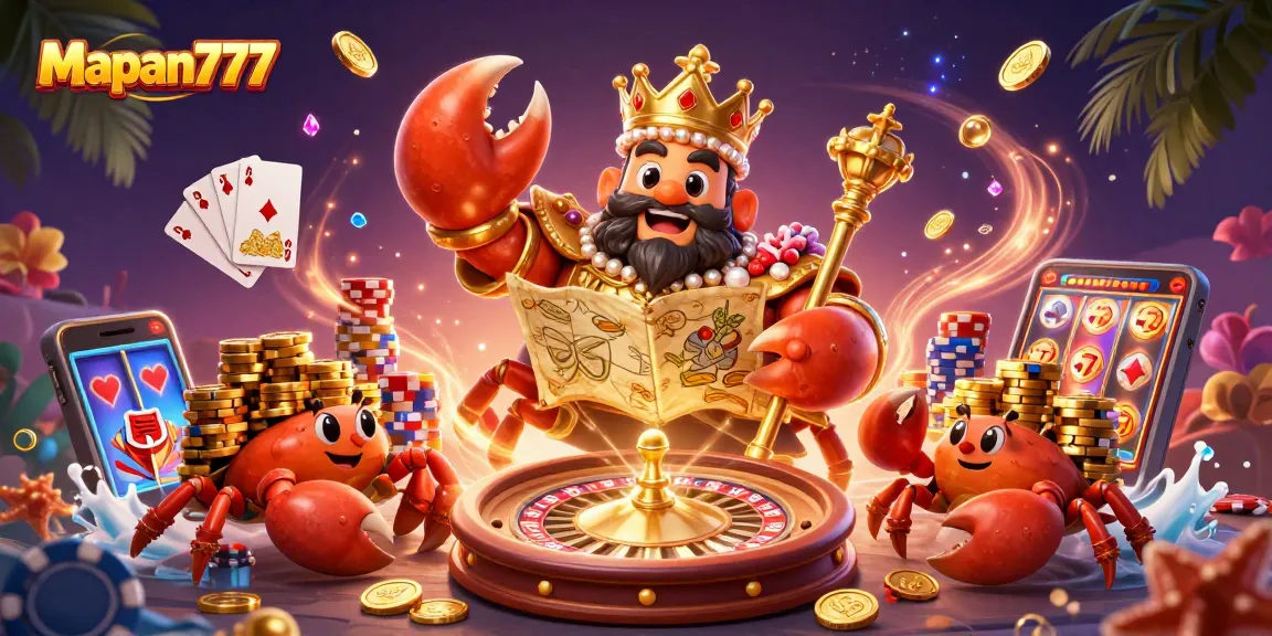 Experience the thrill of Mapan777 with a vibrant casino scene featuring a golden crab emperor.