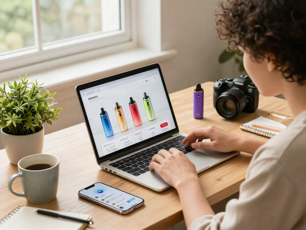 Buy disposable vapes online with various flavors showcased on a stylish workspace.