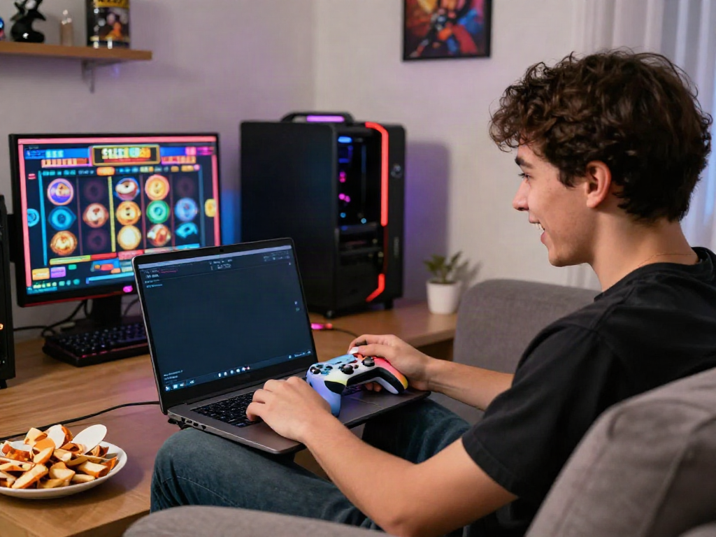Excited player enjoying a slot88 game on a laptop in a cozy living room setting.
