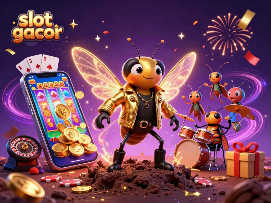 Exploring slot gacor dynamics with a lively 3D illustration featuring a cicada rock star, crickets, and vibrant casino elements.