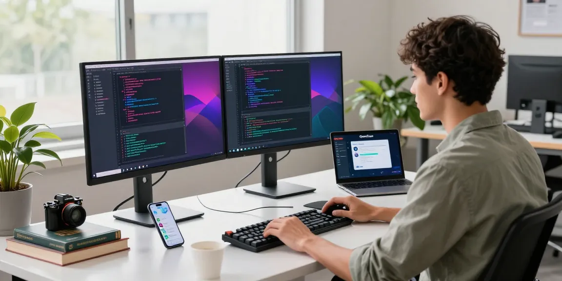 Developer working with Open Claw AI on dual monitors in a modern workspace