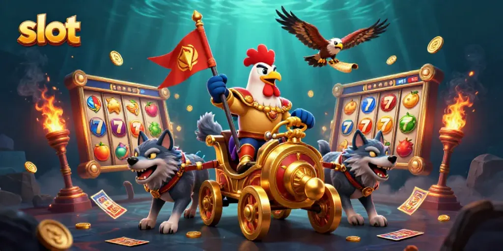 Spin the slot reels with the rooster warlord amidst dynamic casino elements and golden coins.