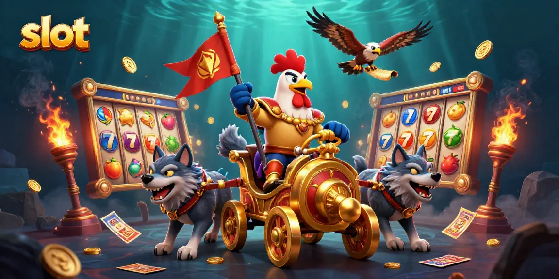 Spin the slot reels with the rooster warlord amidst dynamic casino elements and golden coins.