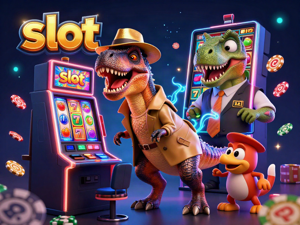 Engaging scene featuring a velociraptor at a slot machine, showcasing vibrant casino elements.