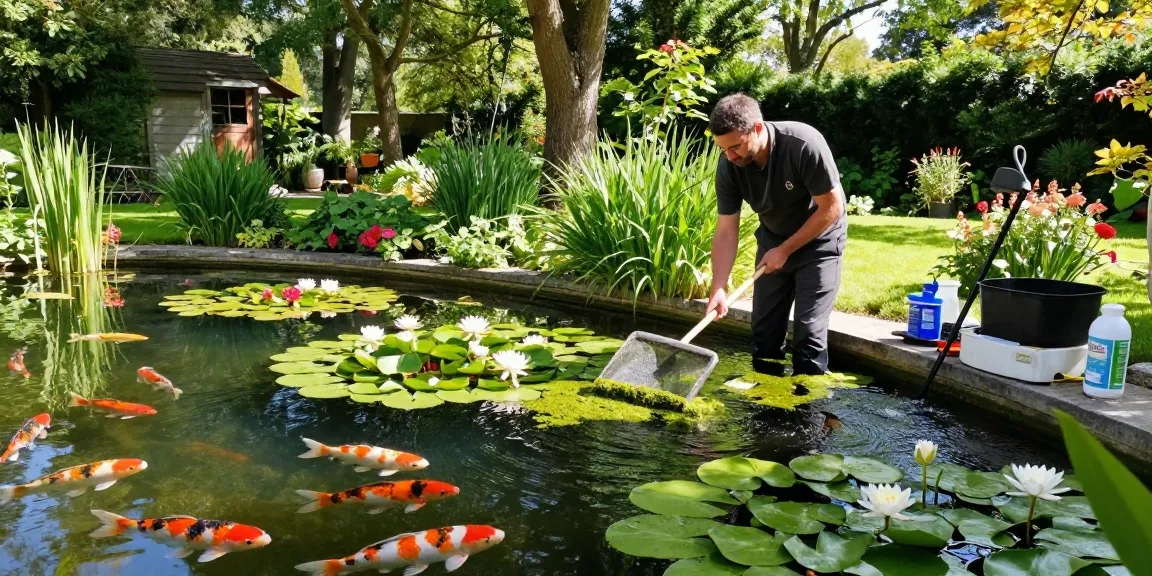 Pond Cleaning Surrey expert cleaning a serene garden pond in Surrey, showcasing vibrant koi fish and lush greenery.