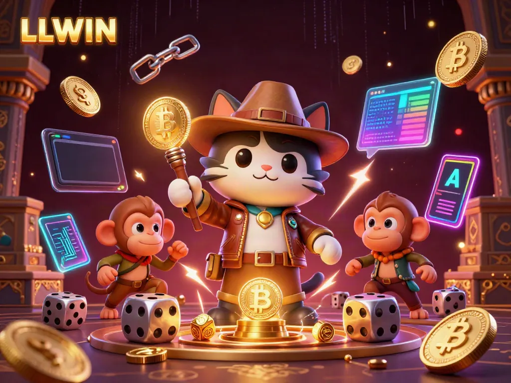 LLWIN explorer cat uncovers golden artifact in a temple surrounded by vibrant crypto elements.