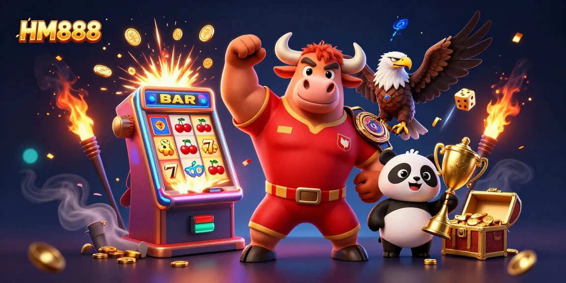 Experience excitement at HM888 with jackpot winning slot elements and playful cartoon mascots celebrating.