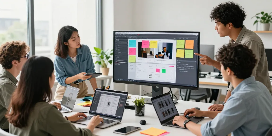 Team collaborating on a digital mixboard in a vibrant workspace.