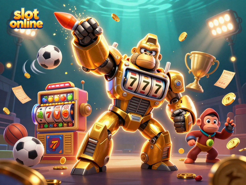 Experience thrilling slot online action with a golden gorilla mech amidst cheering sports elements and jackpots.