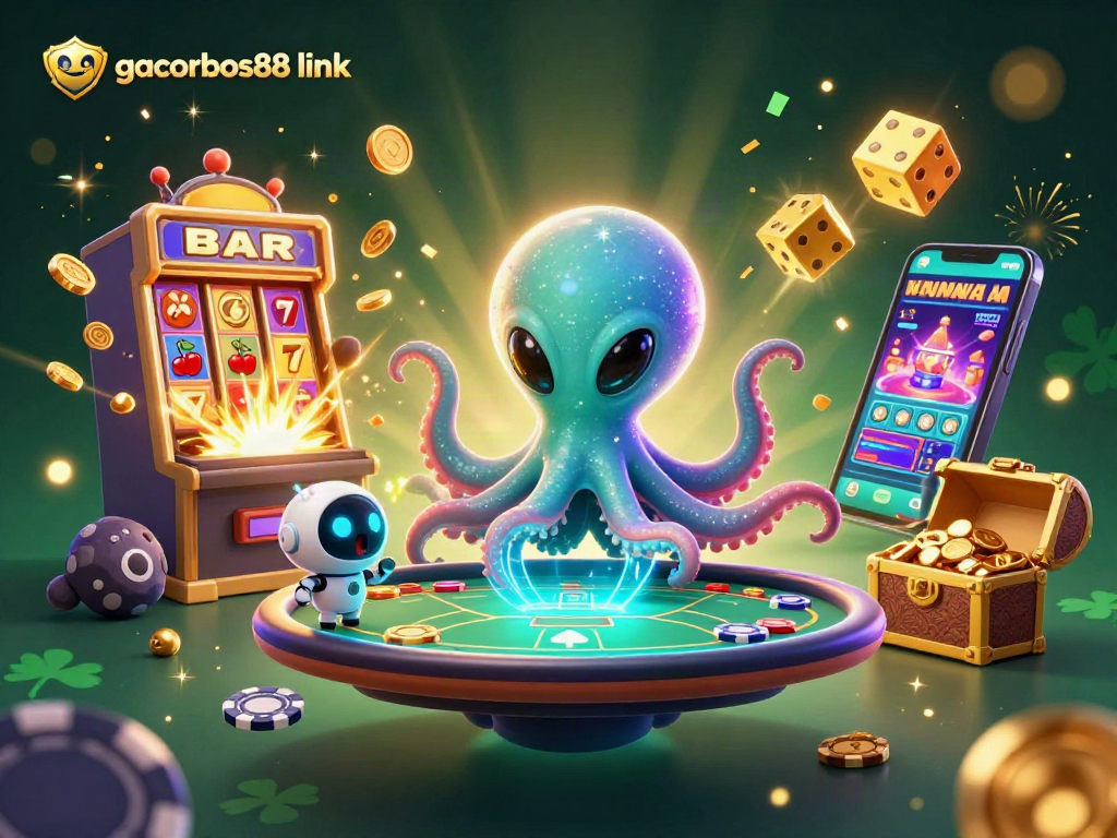 Engage with the gacorbos88 link as an alien octopus masterfully operates a holographic poker table.