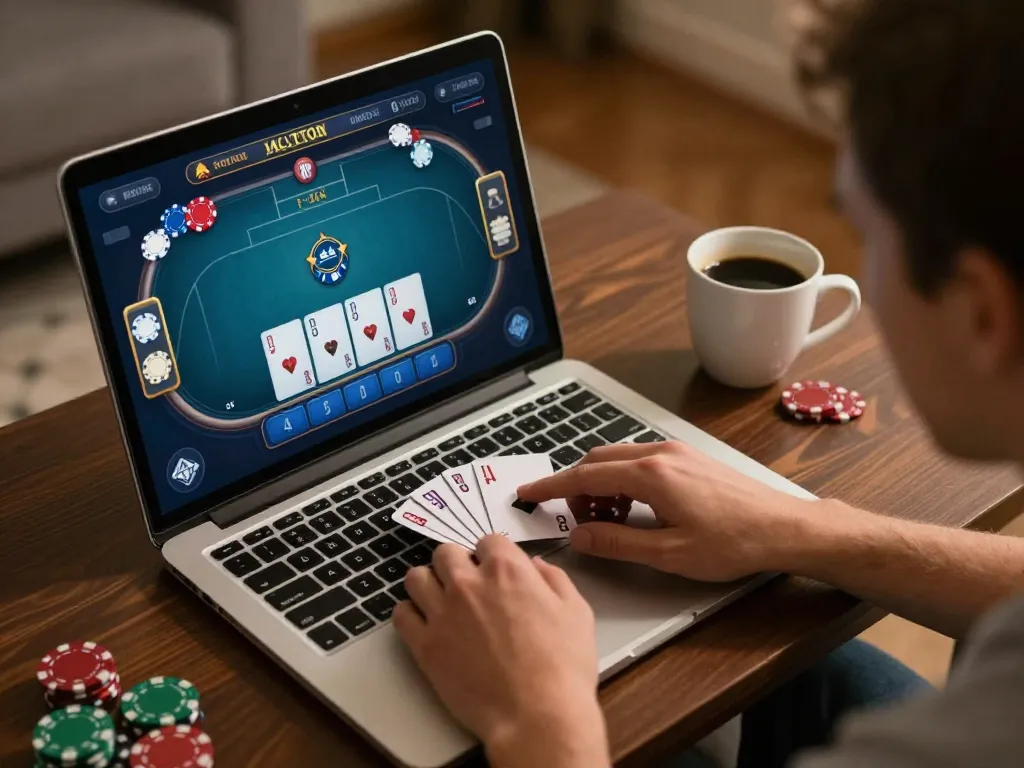 Engaged player strategizing in online poker game on 3win com