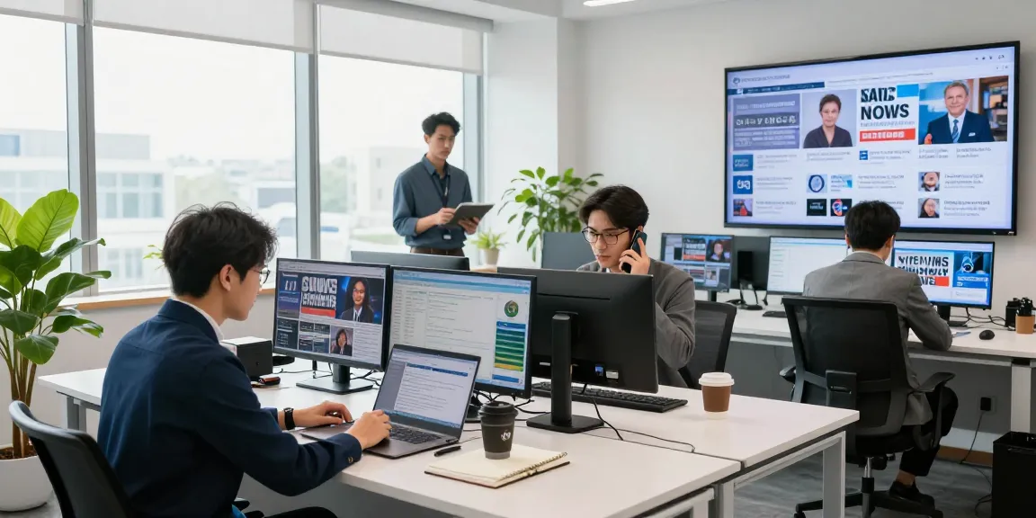 Dynamic newsroom at https://www.theindaily.com with journalists reporting, bright atmosphere, modern technology.