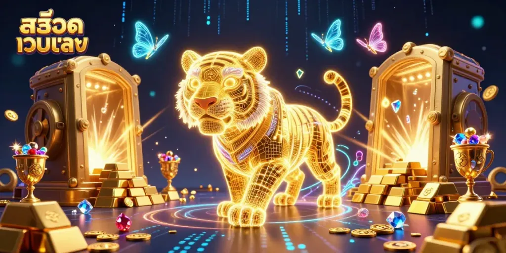 Engage with สล็อตเว็บตรง in an ultra-detailed 3D casino scene featuring vibrant neon characters and treasures.