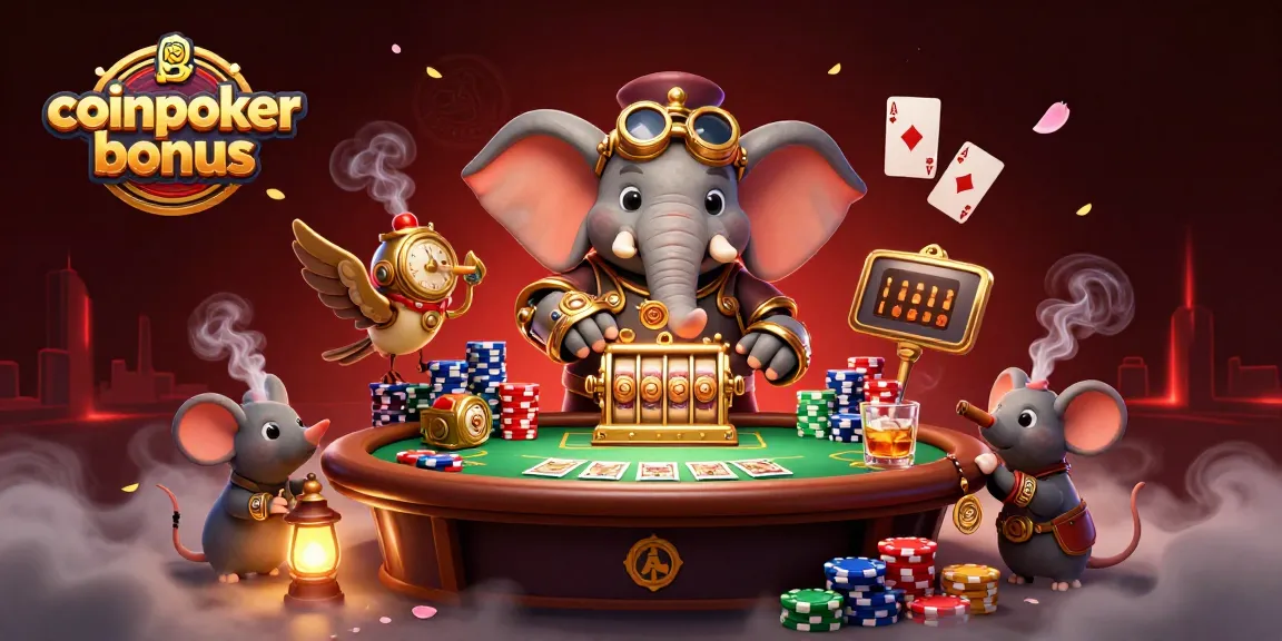 Gioca con il coinpoker bonus in un'illustrazione 3D di elefante ingegnere al tavolo da poker.