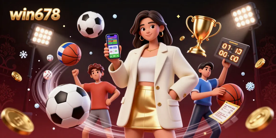 Win678 offers interactive sports betting experience with a photorealistic Asian woman showcasing a betting app.