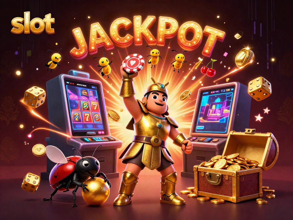 Experience the thrill of slots as a cartoon beetle celebrates a jackpot victory surrounded by vibrant casino elements.