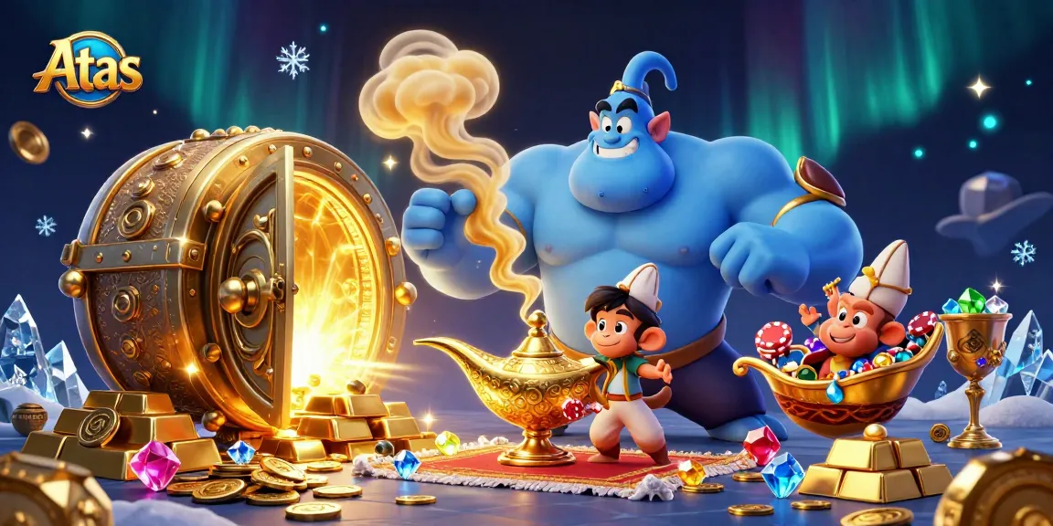 Atas casino scene with a genie, monkey, and poker chips exploding with excitement.
