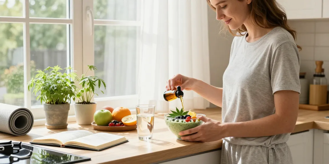 Ministry of Cannabis CBD oil tincture in a wellness-oriented kitchen scene promoting natural health.