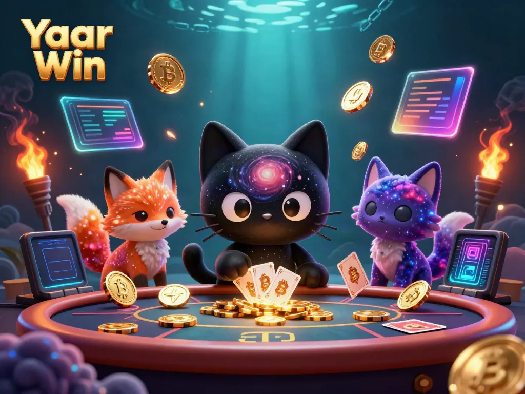 Yaar Win showcases a cosmic gaming experience with a black hole cat and colorful nebula fox at a casino table.