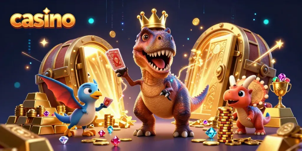Casino-themed illustration featuring a playful T-Rex card shuffler and a baby triceratops stacking chips.