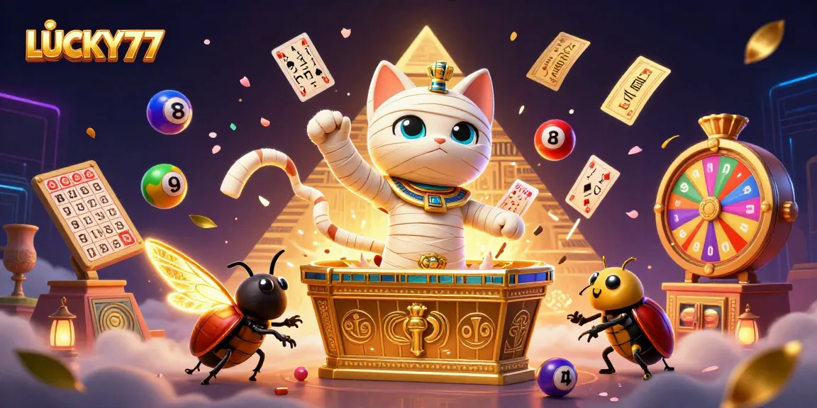Experience the excitement of LUCKY77 with vibrant lottery balls and an Egyptian mummy cat in the casino.