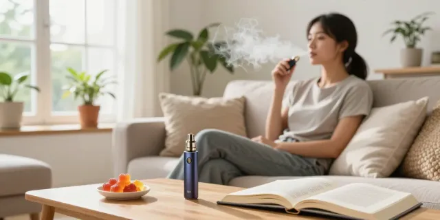 Relaxed individual enjoying a cbd vape in a bright living room.
