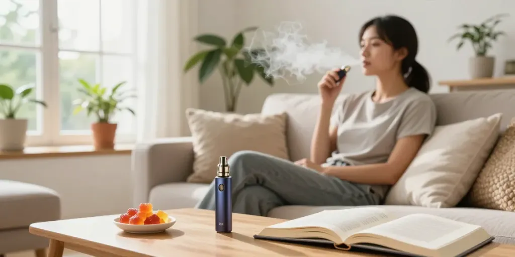 Relaxed individual enjoying a cbd vape in a bright living room.