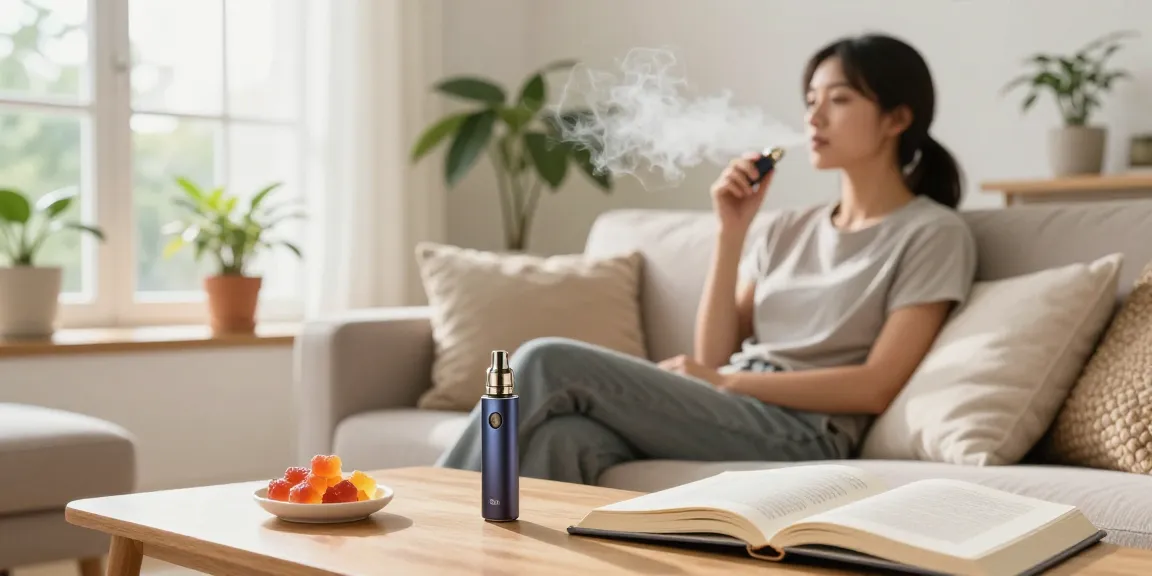 Relaxed individual enjoying a cbd vape in a bright living room.