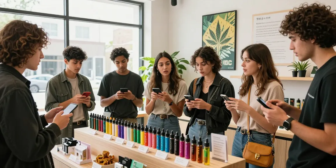 Friends exploring thc vape deutschland products in a vibrant retail shop setting.