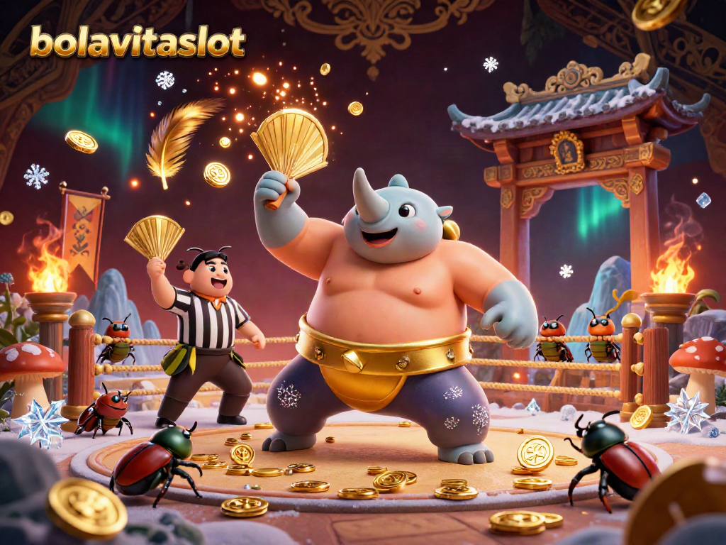 Experience bolavitaslot excitement with a dynamic cartoon illustration of a rhinoceros beetle champion amidst a casino theme.